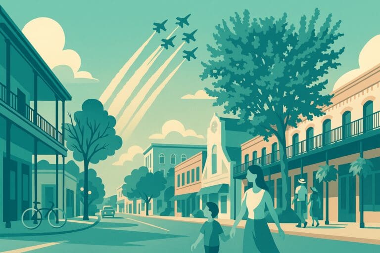 Downtown Pensacola with blue angels illustration HelloEmCo